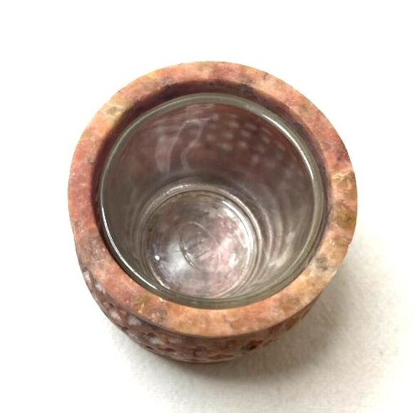 Vtg Soapstone Votive Tea Light Holder w/ Glass Insert Pierced Carved Pink Purple - Picture 5 of 6